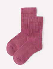 A pair of Hawthorn Rose Terry Socks – Merino Kids, featuring a ribbed crew design and crafted from soft merino wool, laid flat on a white background.