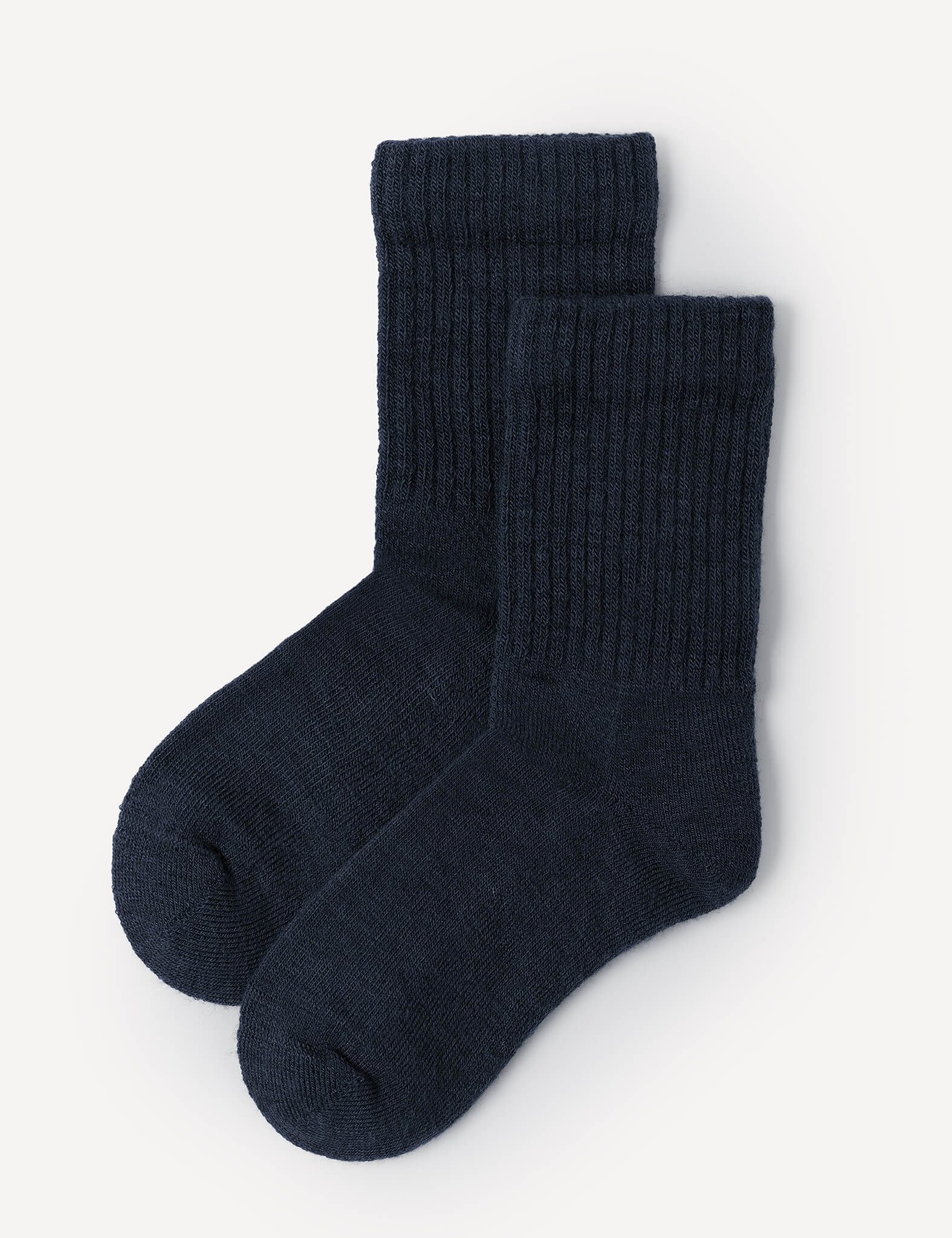 A pair of Navy Terry Socks – Merino Kids, featuring a ribbed crew design and crafted from thick, cozy material, are neatly laid out on a white background.