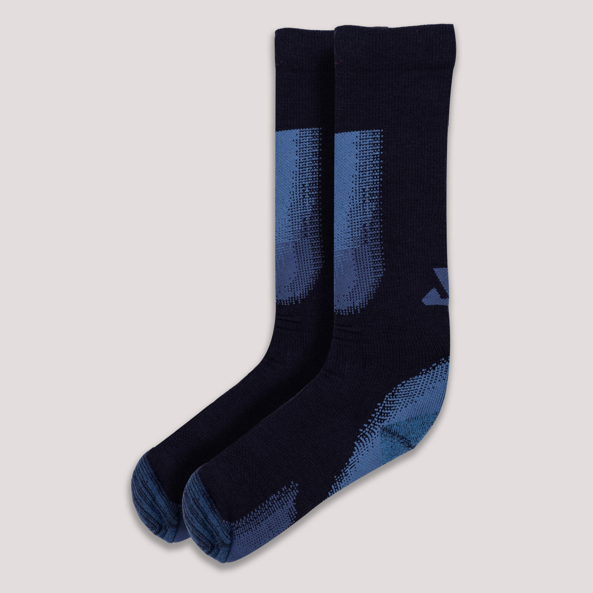 Pair of navy blue Janus Wool cross-country ski socks on a light gray background