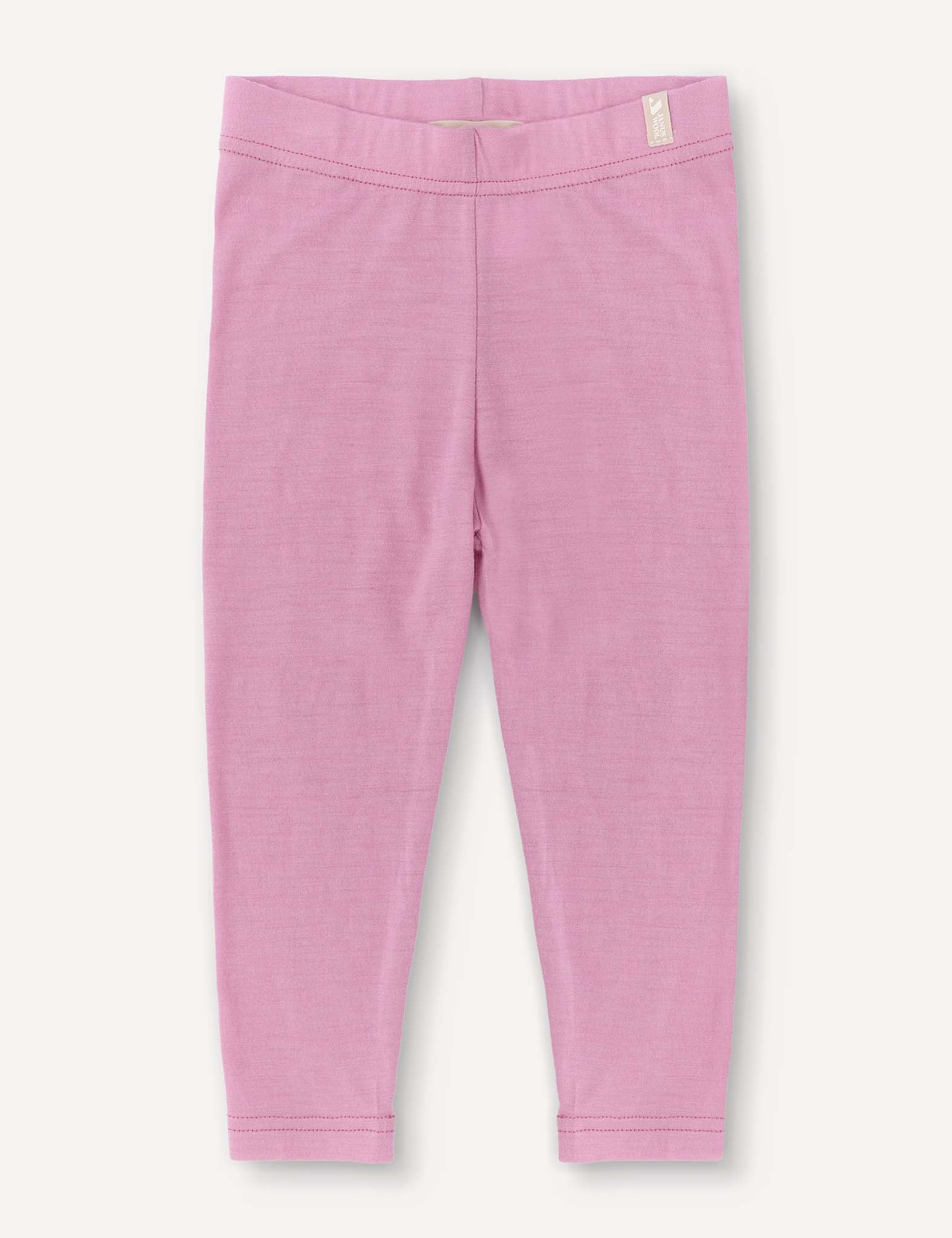 Mauve Orchid Merino Baby Light leggings displayed flat against a white background, showing the front side with an elastic waistband and simple stitching—perfect as a comfortable base layer.