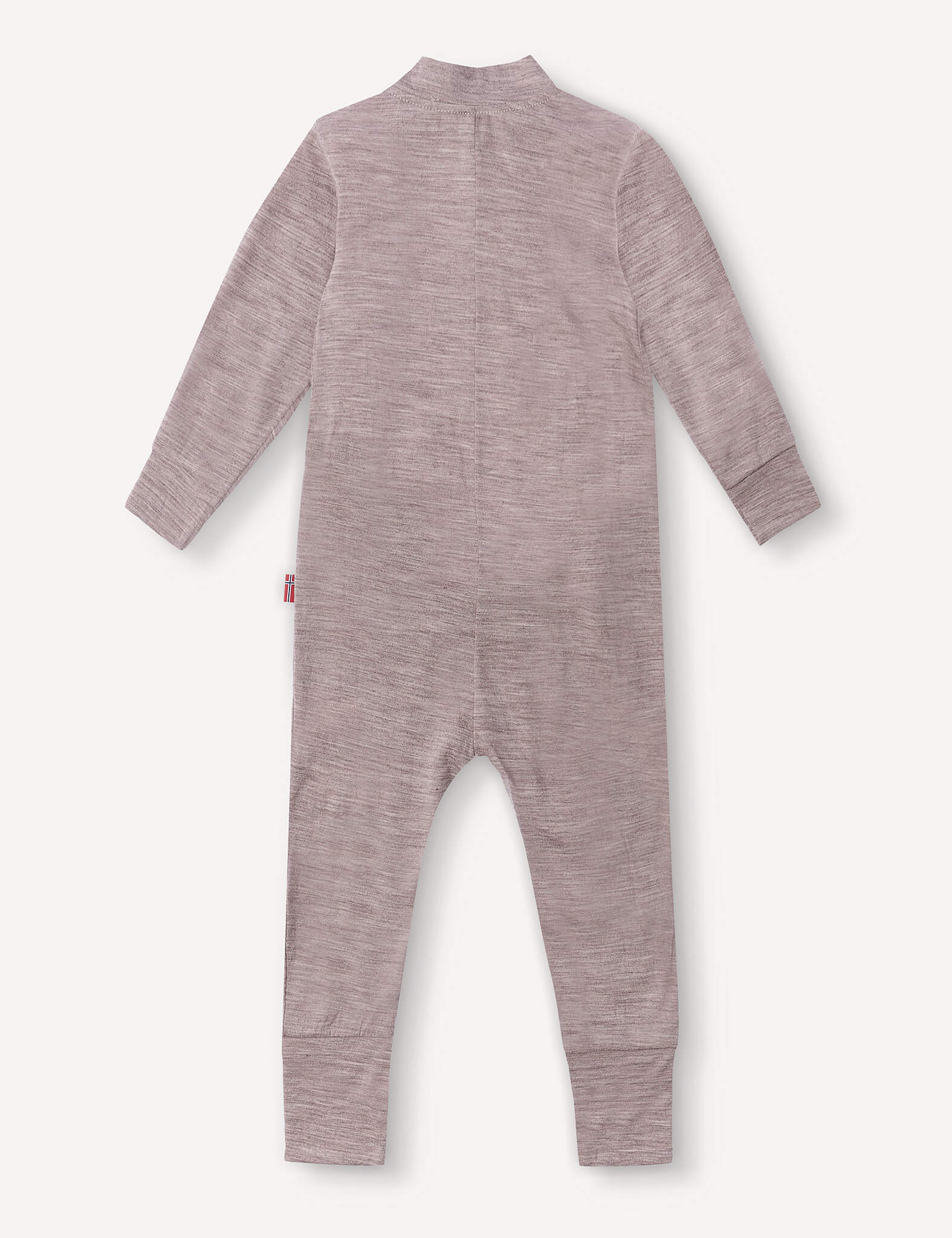 The Pyjamas – Merino Baby Light is a light mauve-colored, long-sleeve baby onesie shown from the back, featuring a simple and seamless design without any visible buttons or zippers. Crafted as breathable sleepwear, this onesie ensures comfort throughout the night.