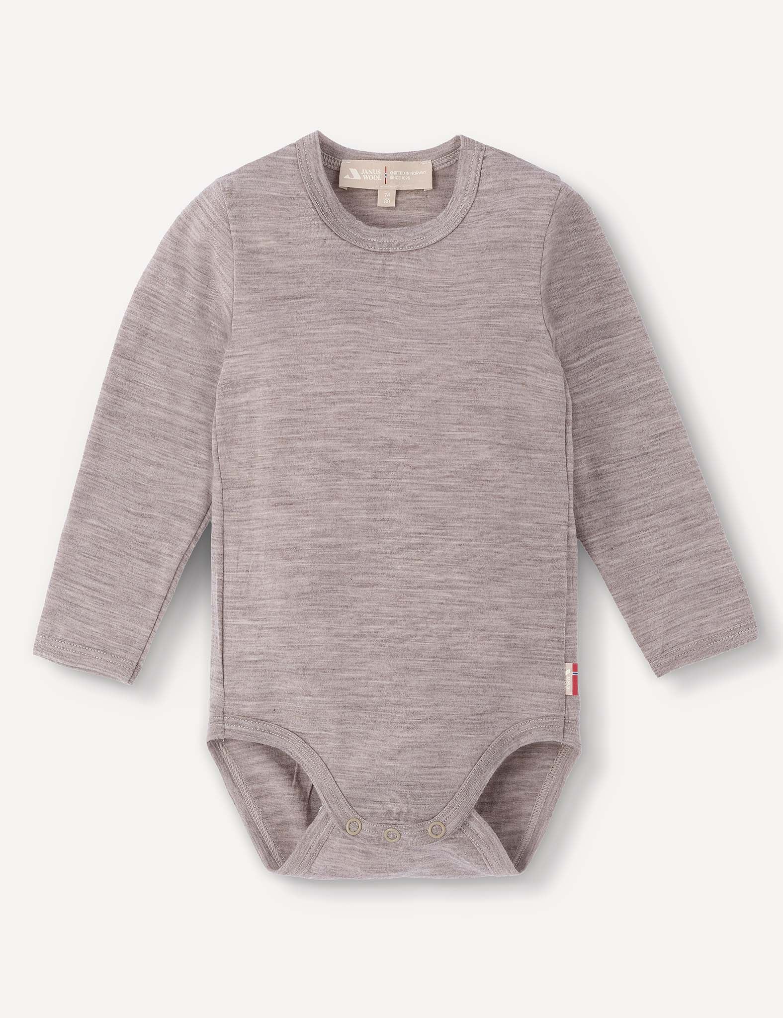 A long-sleeve, beige melange merino wool baby bodysuit with snap buttons at the bottom, laid flat on a plain background. The Body – Merino Baby Light is breathable baby clothing that offers comfort and style for your little one.
