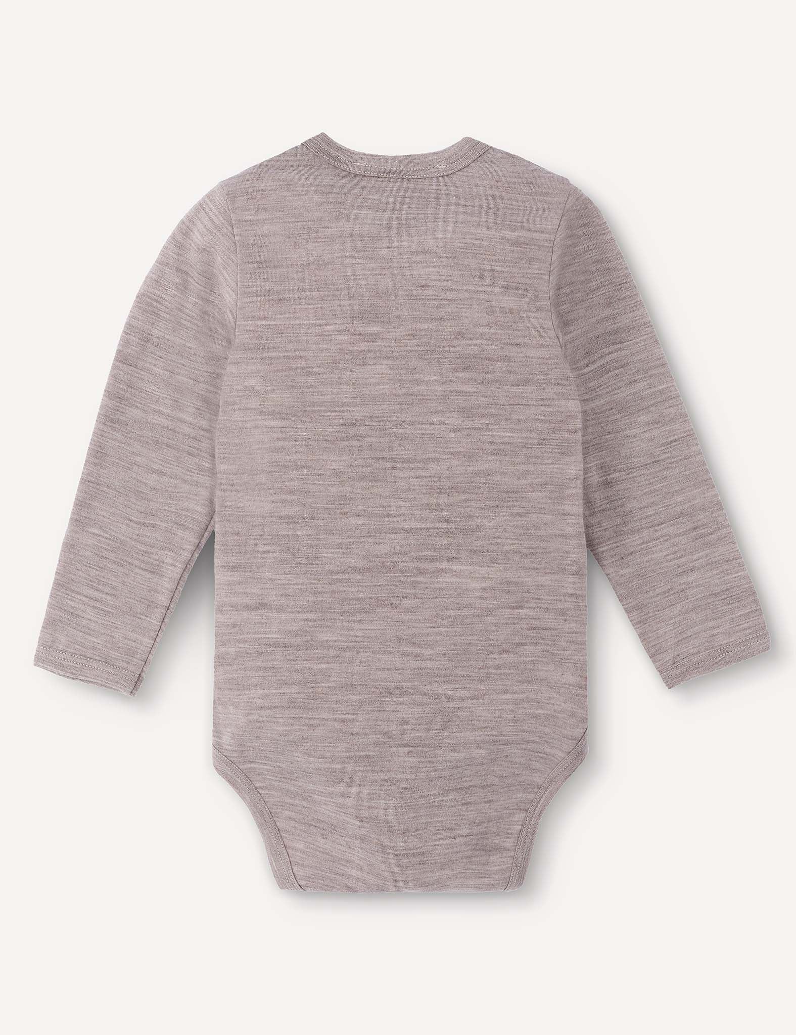 A Body – Merino Baby Light long-sleeve bodysuit in light gray is displayed laid flat, showcasing the back view, against a plain off-white background.