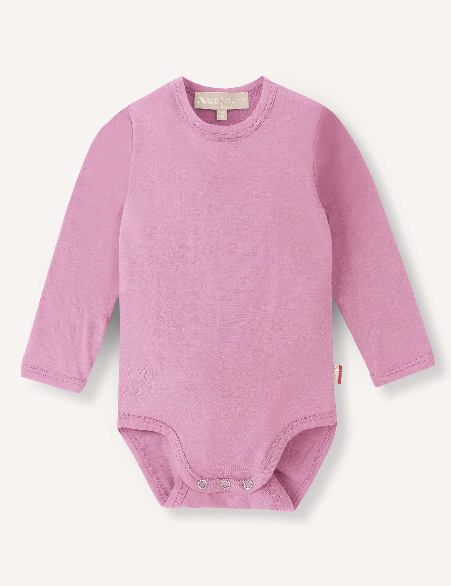 A long-sleeve baby bodysuit in the color Mauve Orchid, crafted from breathable Merino fabric, with convenient snap buttons at the bottom, displayed on a light background. Product name: Body – Merino Baby Light.