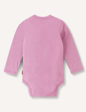 A lightweight, breathable Merino baby bodysuit in light pink, the Body – Merino Baby Light is shown from the back against a white background.