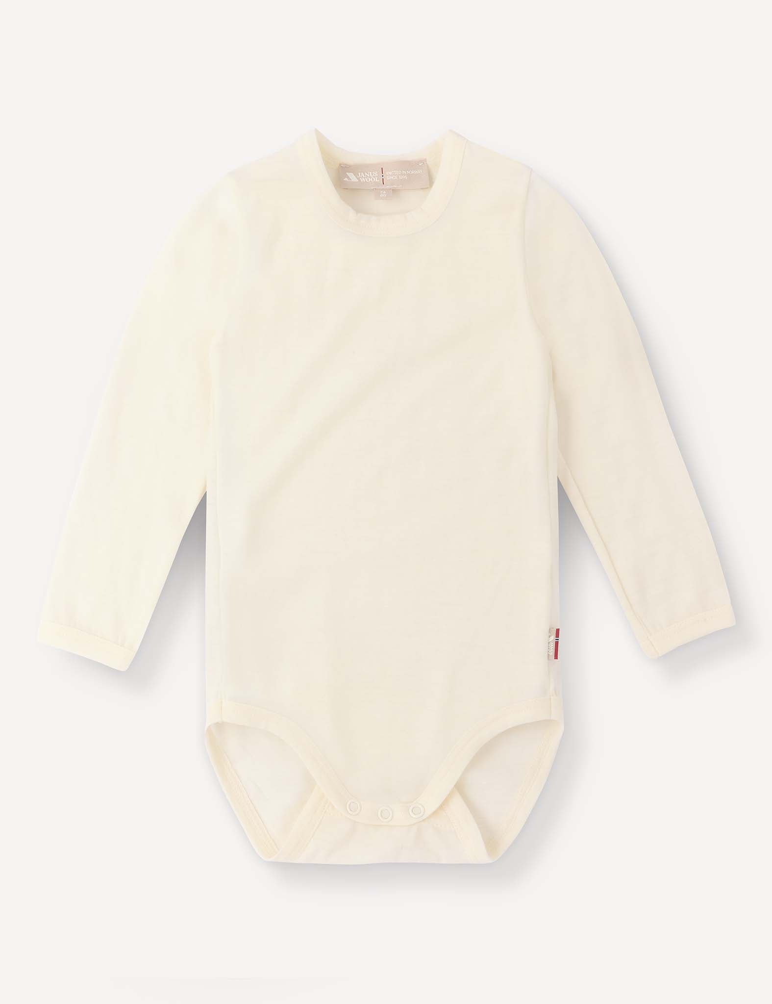 A long-sleeve, marshmallow-colored “Body – Merino Baby Light” bodysuit made from breathable merino wool, featuring snap closures at the bottom and displayed flat on a light background. This soft baby clothing provides both comfort and style for your little one.