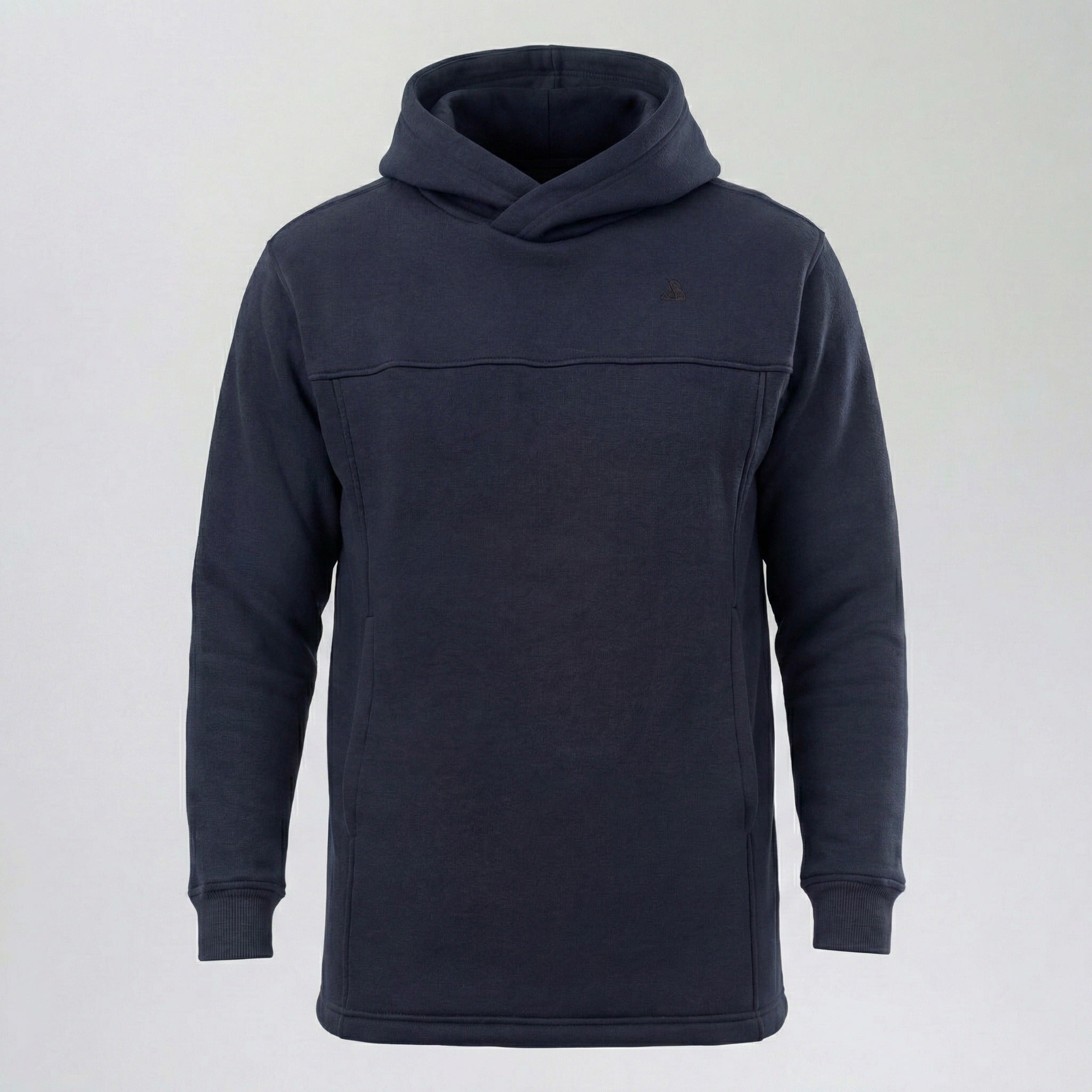 Navy blue Janus Wool merino hoodie on a light gray background
