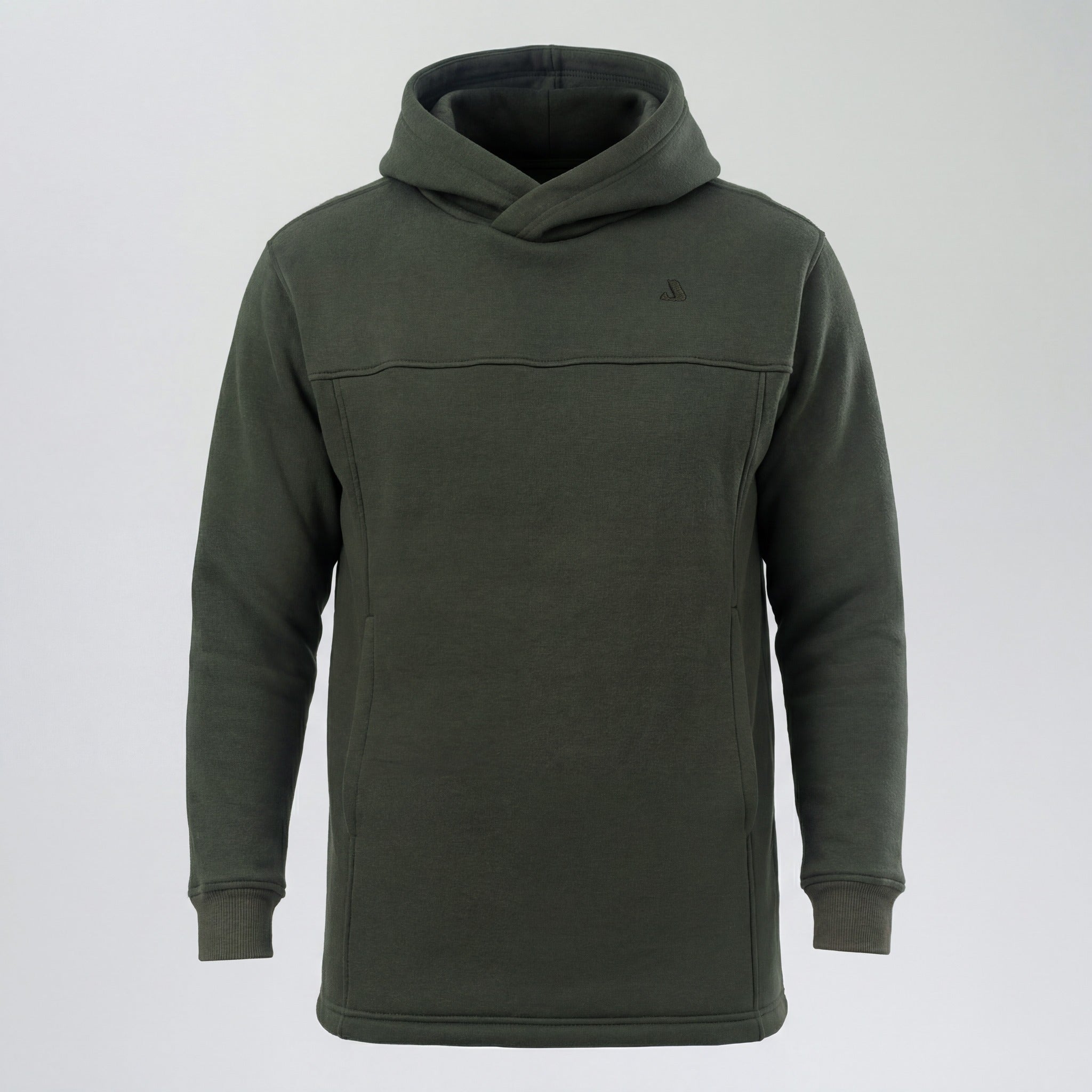 Green Janus Wool merino hoodie on a light gray background
