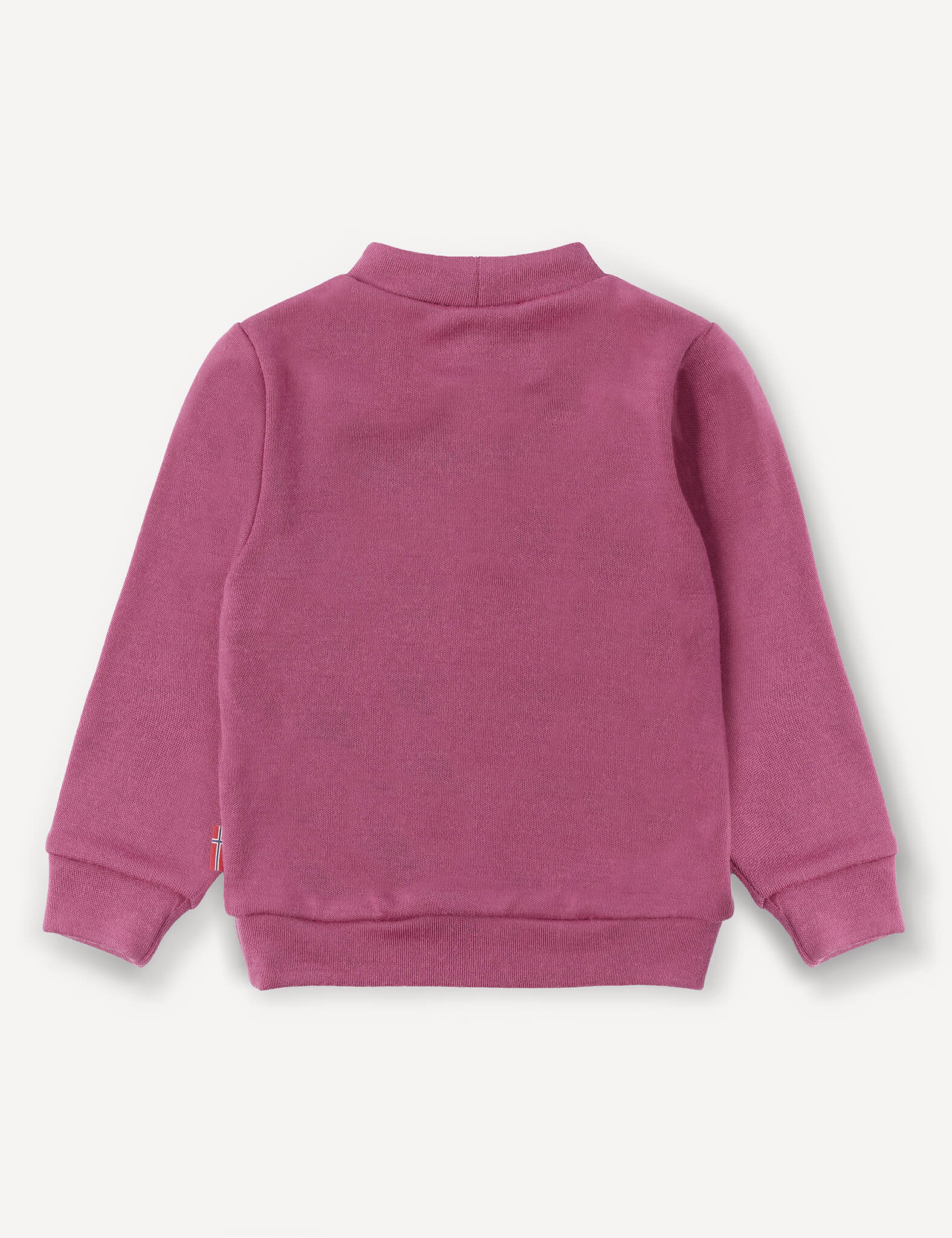 A pink, long-sleeved Pullover – Merino Baby AirWool children’s sweatshirt with breathable insulation is shown from the back against a white background.
