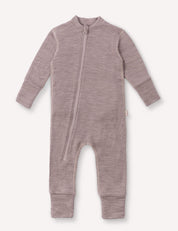 A long-sleeve, full-length Onesie – Merino Baby AirWool in Beige Melange featuring a front diagonal zipper, ribbed and fold-over cuffs, and a simple, minimalist design.
