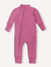 A long-sleeve Merino Baby AirWool onesie in Hawthorn Rose, featuring a front diagonal zipper, footless legs, and convenient fold-over cuffs. The soft and stretchy fabric offers breathable insulation—perfect for infants or toddlers.