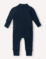 Navy blue Onesie – Merino Baby AirWool with long sleeves and feet exposed, shown from the back and laid flat on a white background. Crafted from soft merino wool suit fabric for cozy comfort.