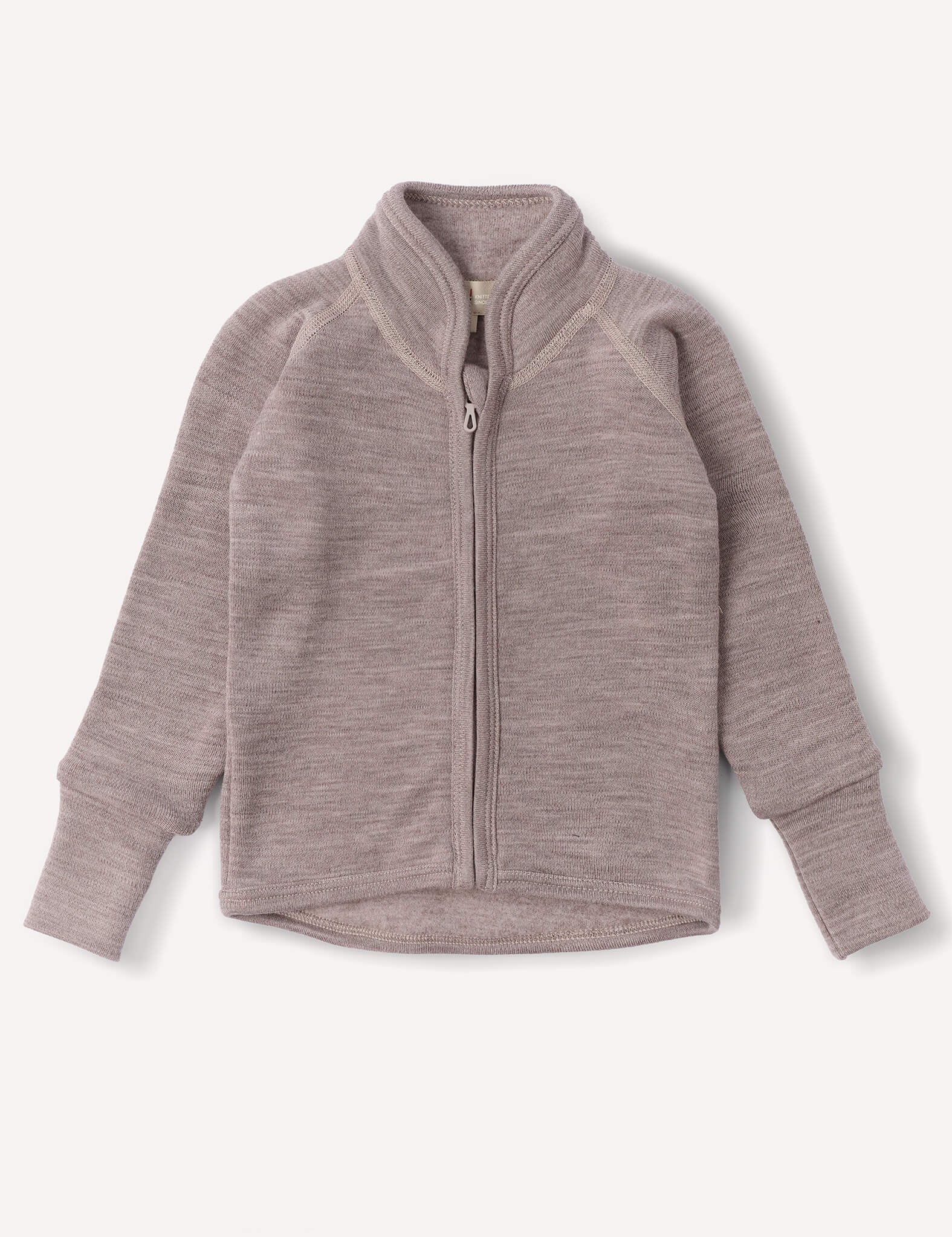 Beige Melange Jacket – Merino Baby AirWool for children, featuring a zip closure, long sleeves, high collar, and ribbed cuffs, crafted from breathable insulation and displayed laid flat on a white background.
