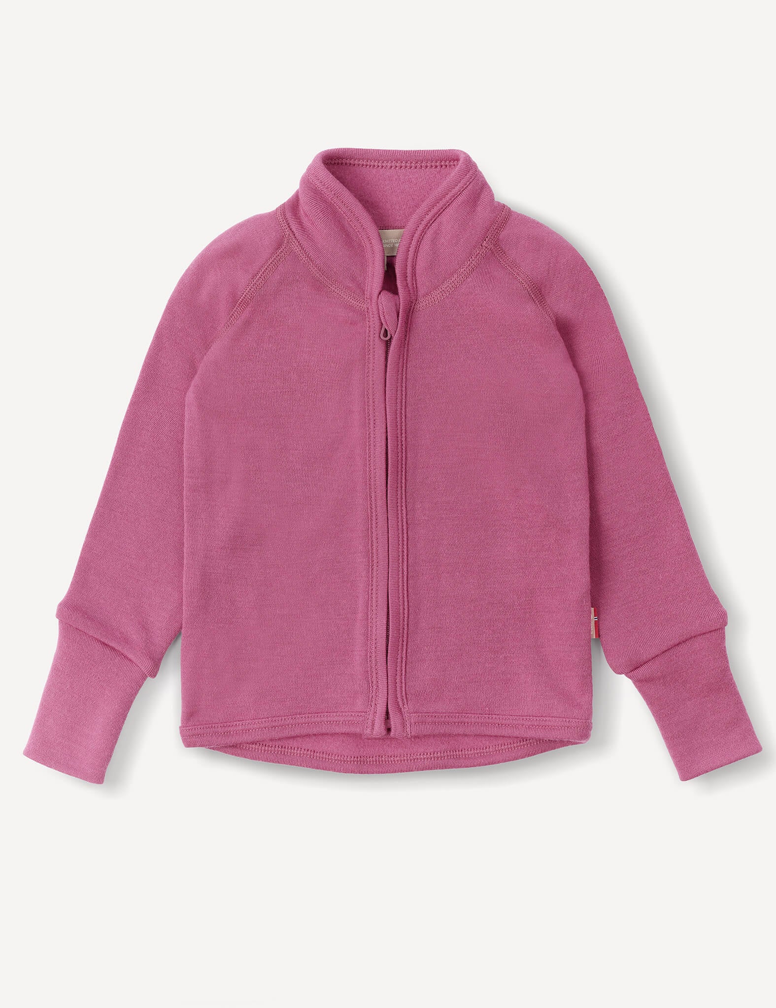 A Hawthorn Rose Merino Baby AirWool jacket for children, featuring breathable insulation, a front zipper, long sleeves, and a stand collar, displayed on a white background.