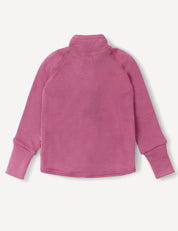 A long-sleeve, pink Merino Baby AirWool fleece pullover with a mock neck and raglan sleeves, featuring breathable insulation, is shown lying flat with the back side facing up.