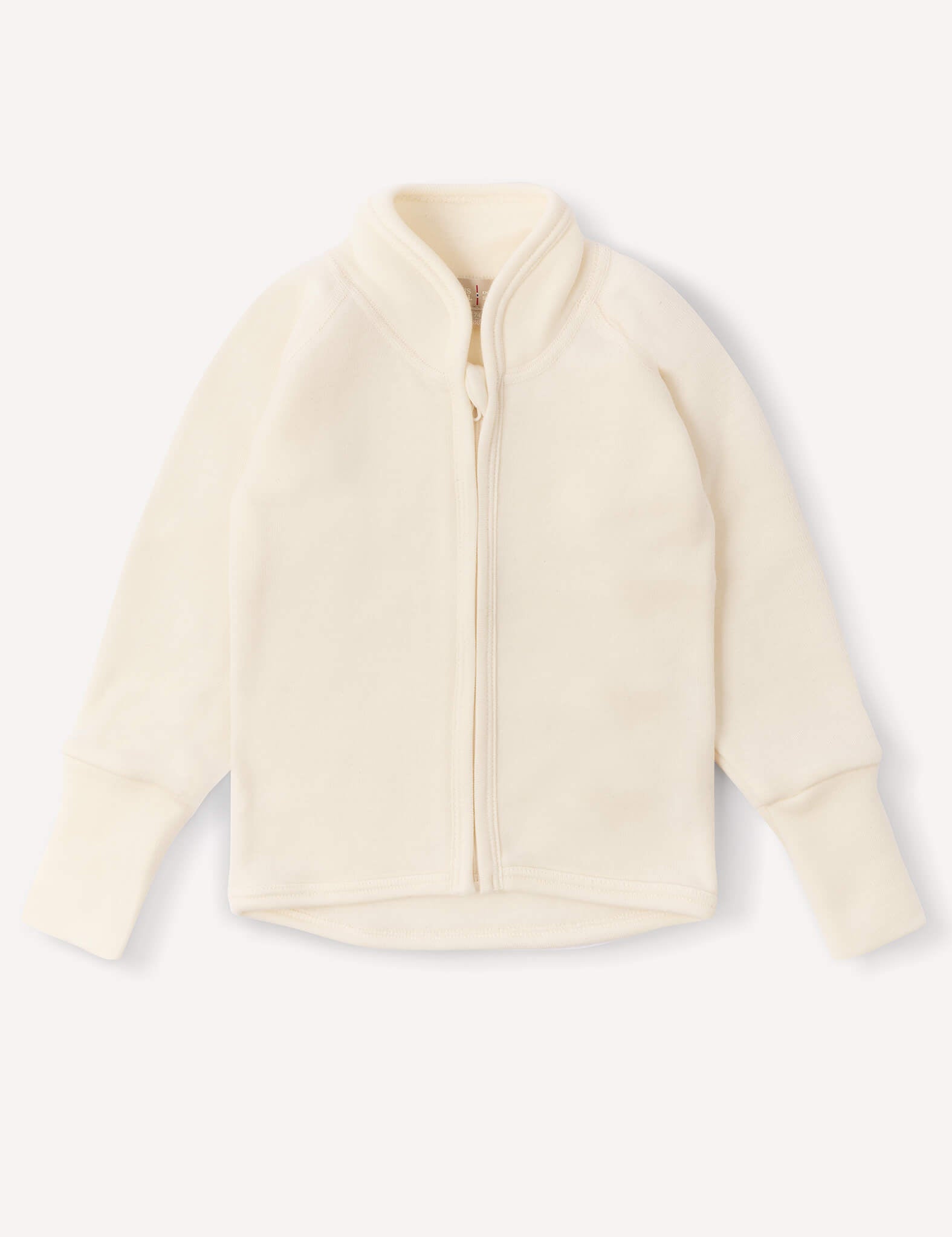 A Marshmallow-colored Jacket – Merino Baby AirWool for children, featuring breathable insulation, a front zipper, high collar, and long sleeves, is laid flat on a white background.