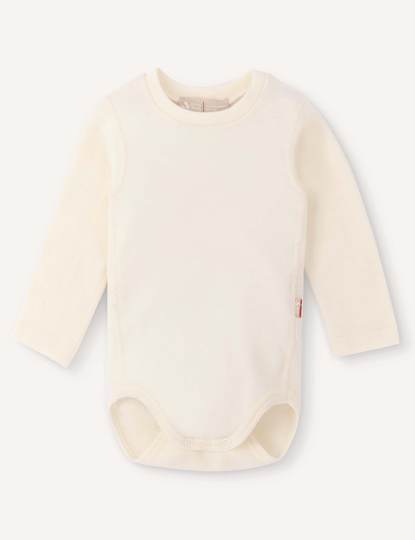 A long-sleeve, marshmallow-colored Body – Merino Baby AirWool bodysuit with snap buttons at the bottom, displayed flat on a light background for breathable comfort.