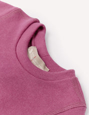 Close-up of the collar and tag on the Body – Merino Baby AirWool sweatshirt in mauve or purple, highlighting the breathable merino fabric’s texture and fine stitching details. The label is partially visible inside the neckline.
