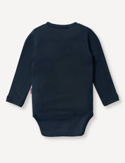 Body – Merino Baby AirWool in navy blue, long-sleeve, shown from the back and laid flat on a white background, features breathable comfort for your baby.