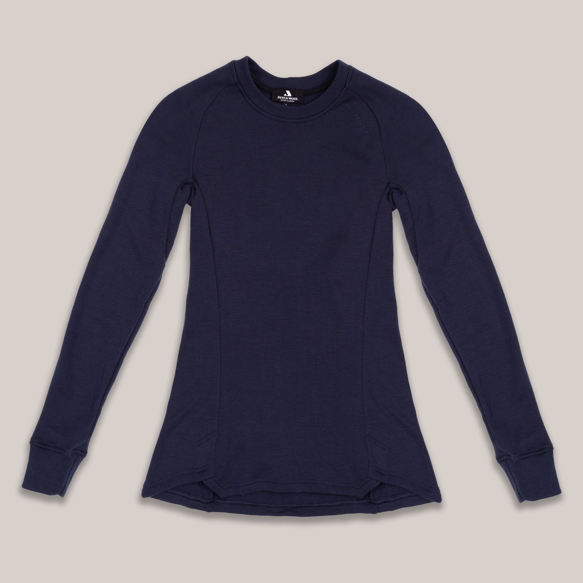 Navy Janus Wool AirWool long-sleeve shirt on a beige background
