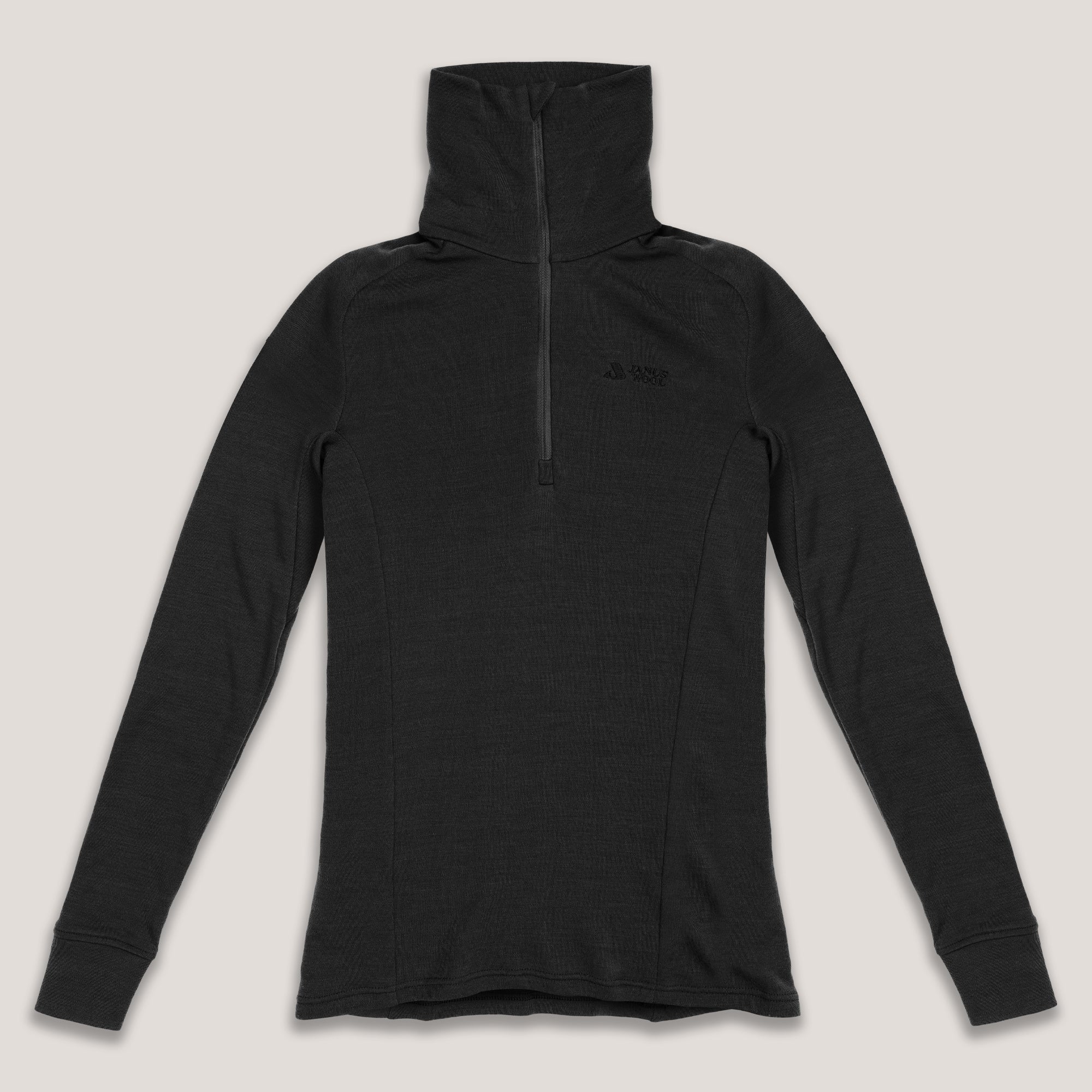 Black Janus AirWool merino zip polo on a light gray background
