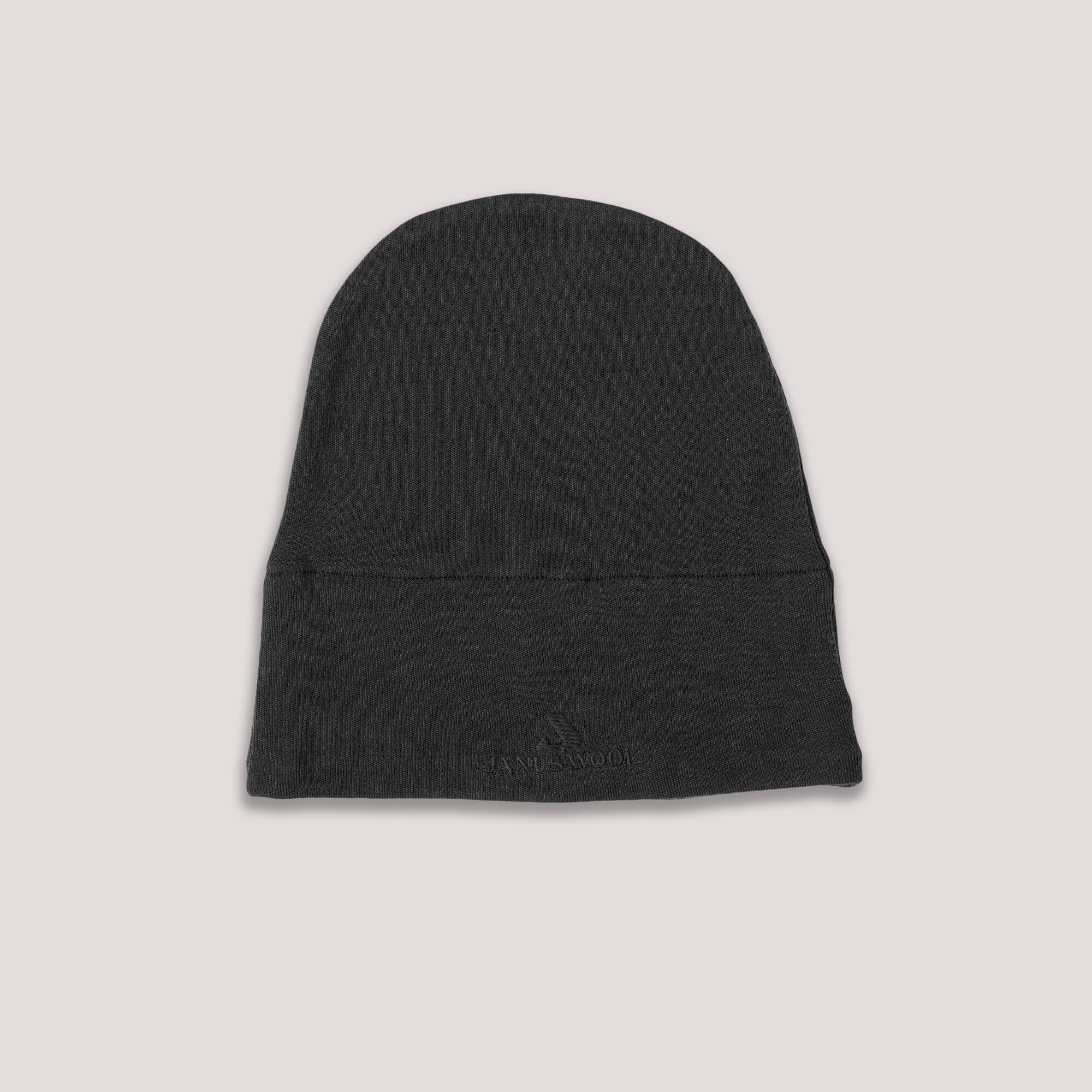 Black beanie with Janus Wool logo on a light gray background