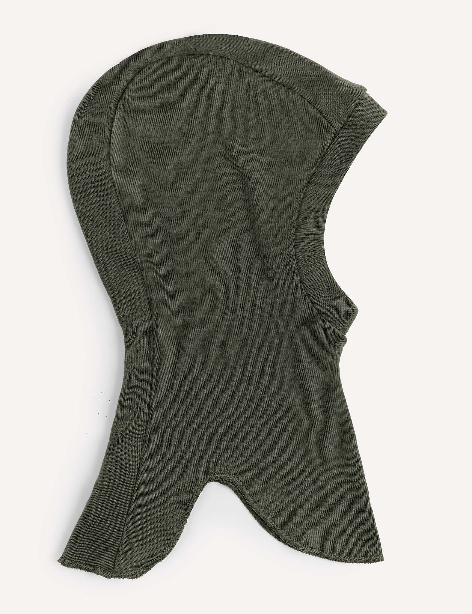 A Forest Night Balaclava – Merino Kids AirWool lies flat on a light background, displaying its rounded top, open face area, and flared bottom edges for neck coverage.