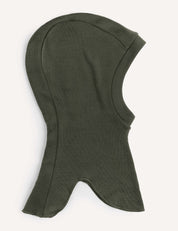 A Forest Night Balaclava – Merino Kids AirWool lies flat on a light background, displaying its rounded top, open face area, and flared bottom edges for neck coverage.