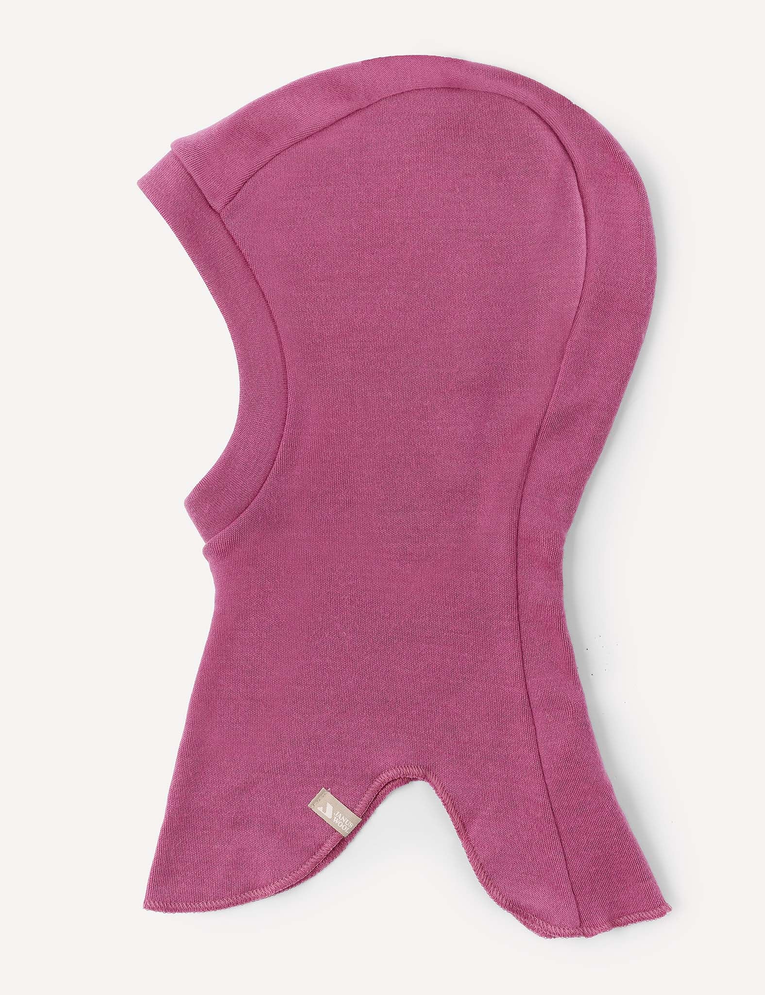A pink, hood-shaped Balaclava – Merino Kids AirWool, crafted from soft merino wool fabric for children, displayed flat on a white background.