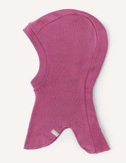 A pink, hood-shaped Balaclava – Merino Kids AirWool, crafted from soft merino wool fabric for children, displayed flat on a white background.