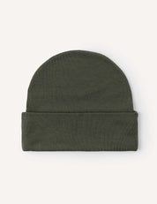 The Beanie – Merino Kids AirWool in olive green is shown on a light background. This beanie features a folded bottom for extra warmth and a simple, minimalist design.