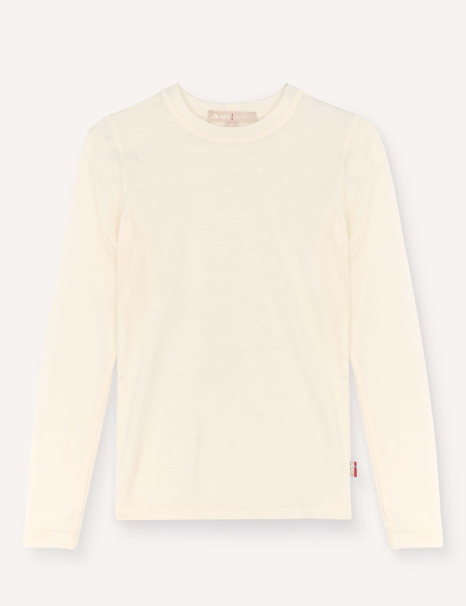 A Marshmallow-colored Crewneck – Merino Kids Light, featuring long sleeves and a soft merino wool fabric, is laid flat on a light background with a small tag showing on the lower left side.