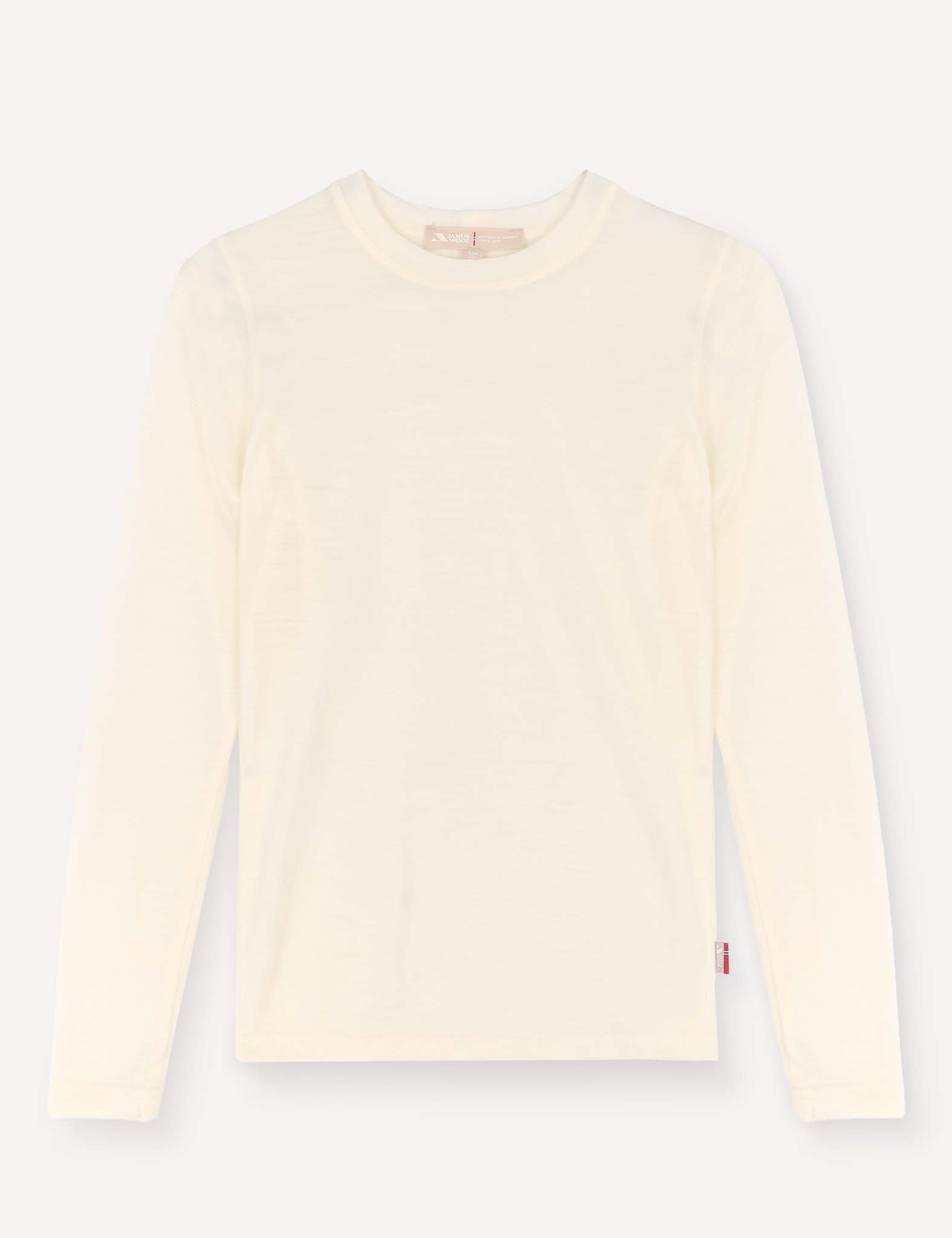 A Marshmallow-colored Crewneck – Merino Kids Light, featuring long sleeves and a soft merino wool fabric, is laid flat on a light background with a small tag showing on the lower left side.