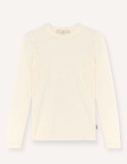 A Marshmallow-colored Crewneck – Merino Kids Light, featuring long sleeves and a soft merino wool fabric, is laid flat on a light background with a small tag showing on the lower left side.