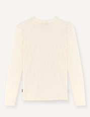 The Crewneck – Merino Kids Light, a plain, long-sleeve shirt in a cream color made from soft merino wool jersey, is laid flat with the back side facing up against a light background.