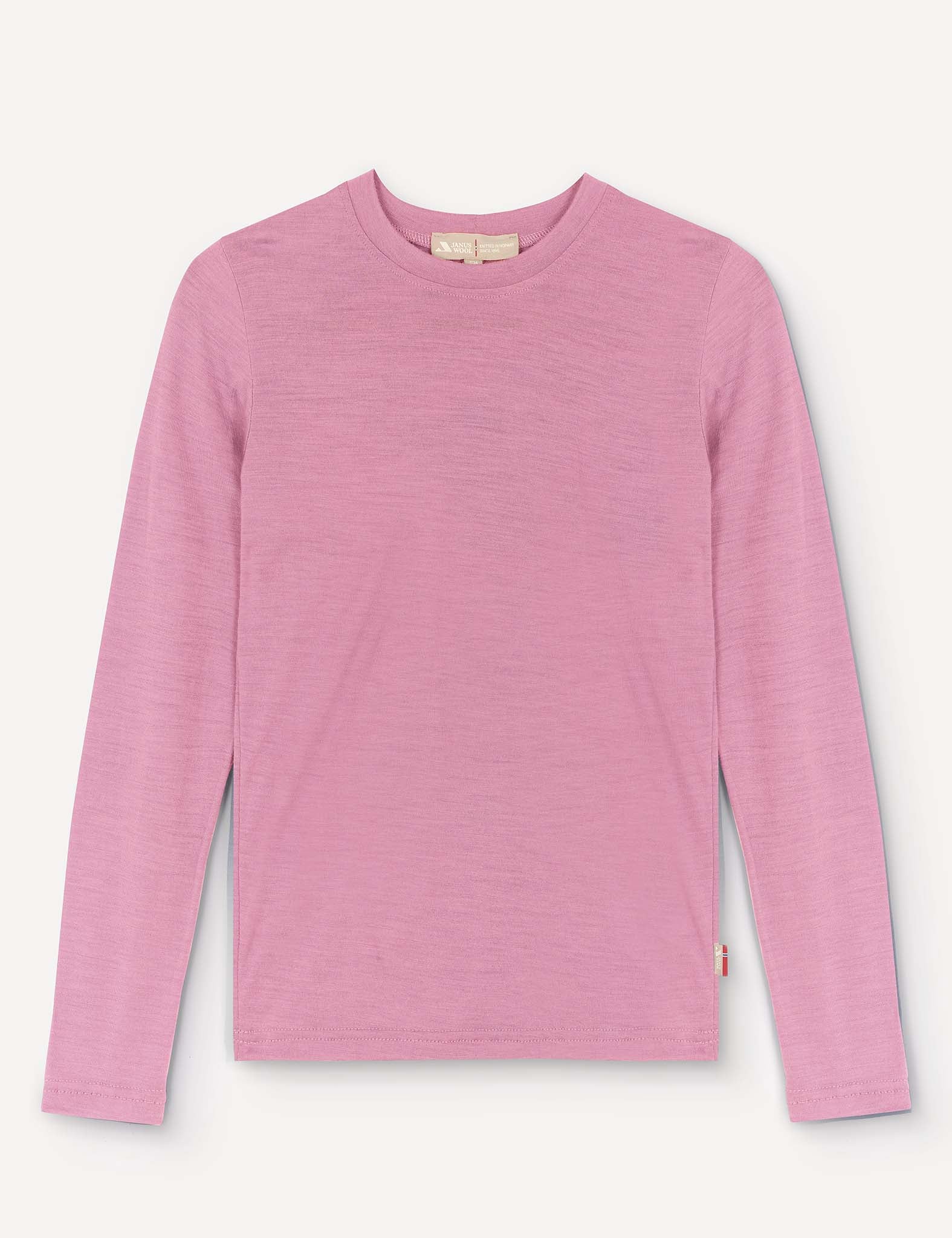 A Merino Kids Light Crewneck in Mauve Orchid with long sleeves is laid flat on a white background.