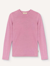 A Merino Kids Light Crewneck in Mauve Orchid with long sleeves is laid flat on a white background.
