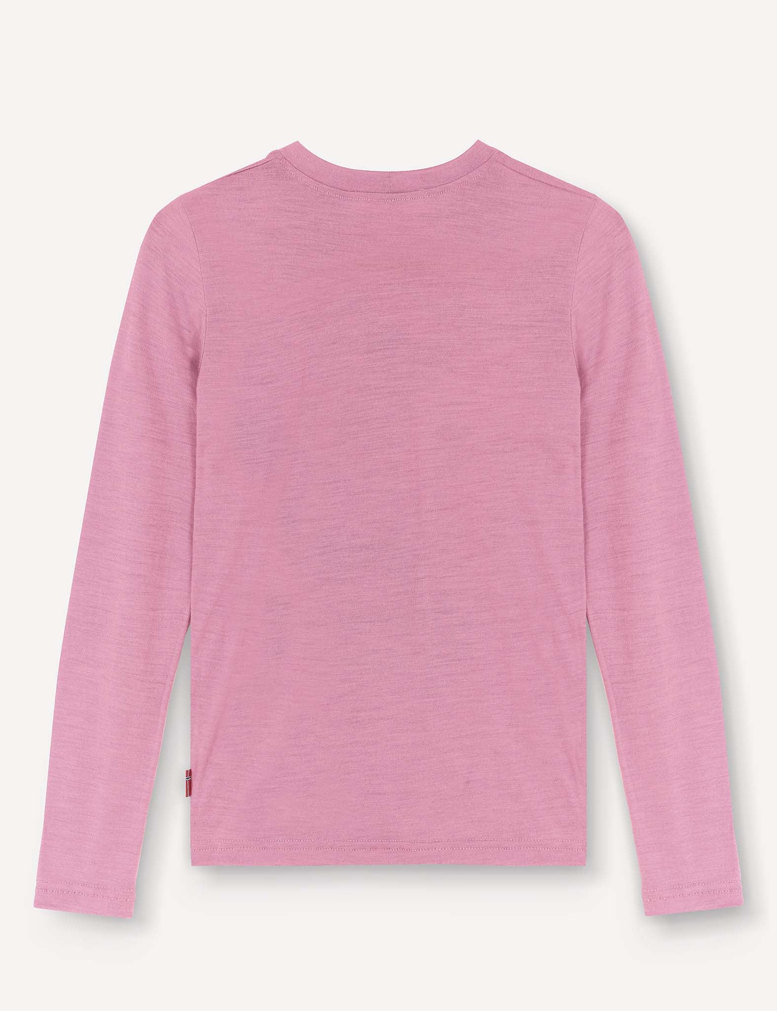 A long-sleeve Crewneck – Merino Kids Light shirt in soft light pink wool jersey, displayed from the back against a plain white background.
