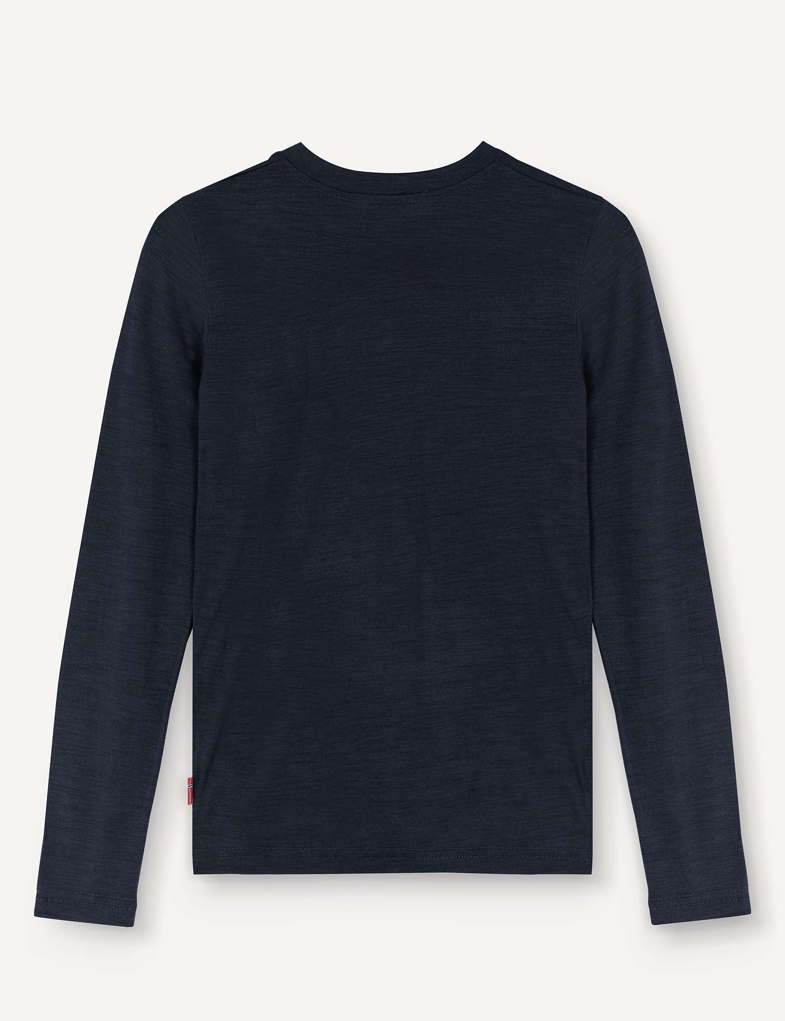 The Crewneck – Merino Kids Light is displayed from the back, laid flat on a light background. Made from soft merino wool jersey, it offers both comfort and warmth in a navy blue long-sleeve design.