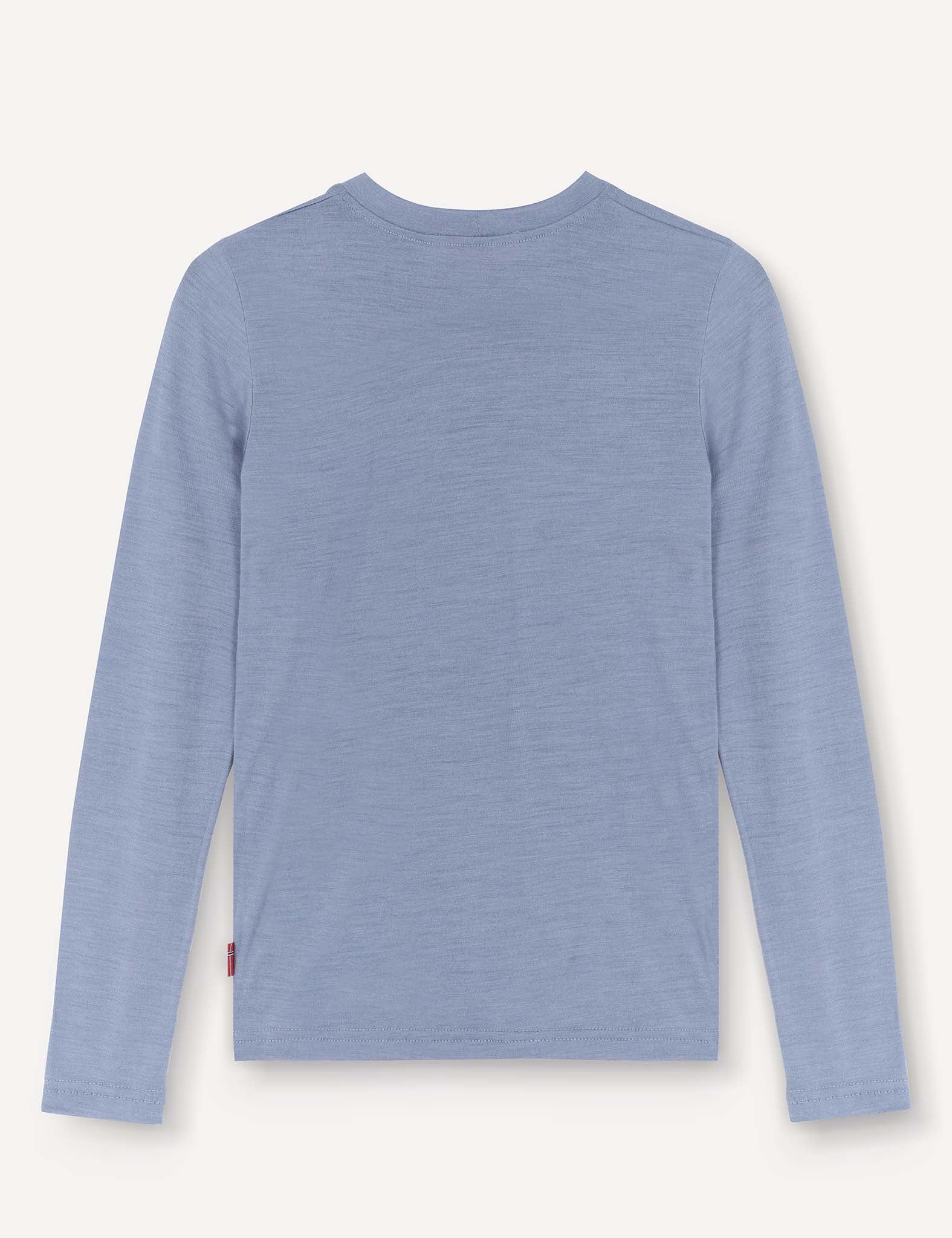 The Crewneck – Merino Kids Light, a plain light blue long-sleeve shirt crafted from soft wool, is displayed from the back against a neutral background.