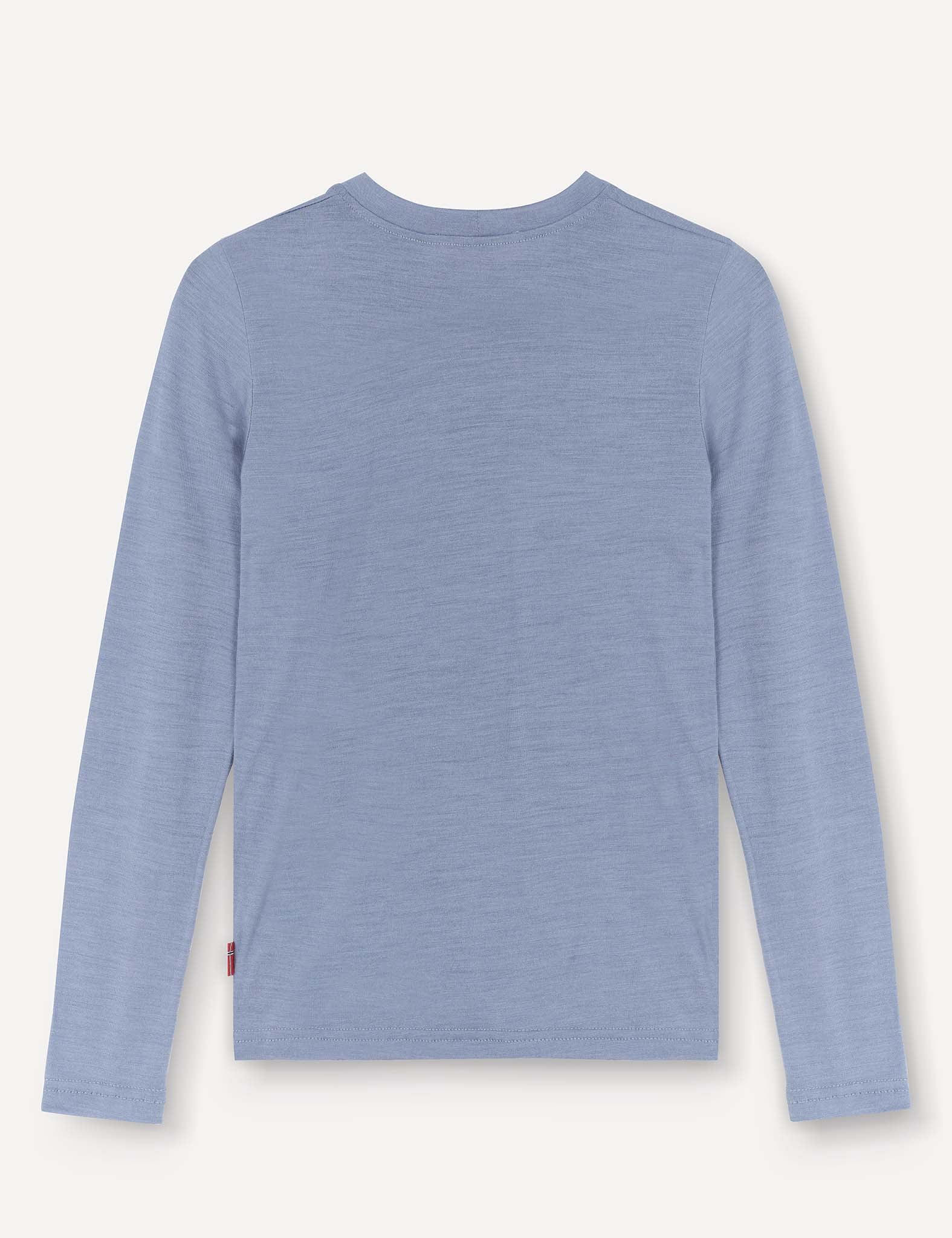 The Crewneck – Merino Kids Light, a plain light blue long-sleeve shirt crafted from soft wool, is displayed from the back against a neutral background.