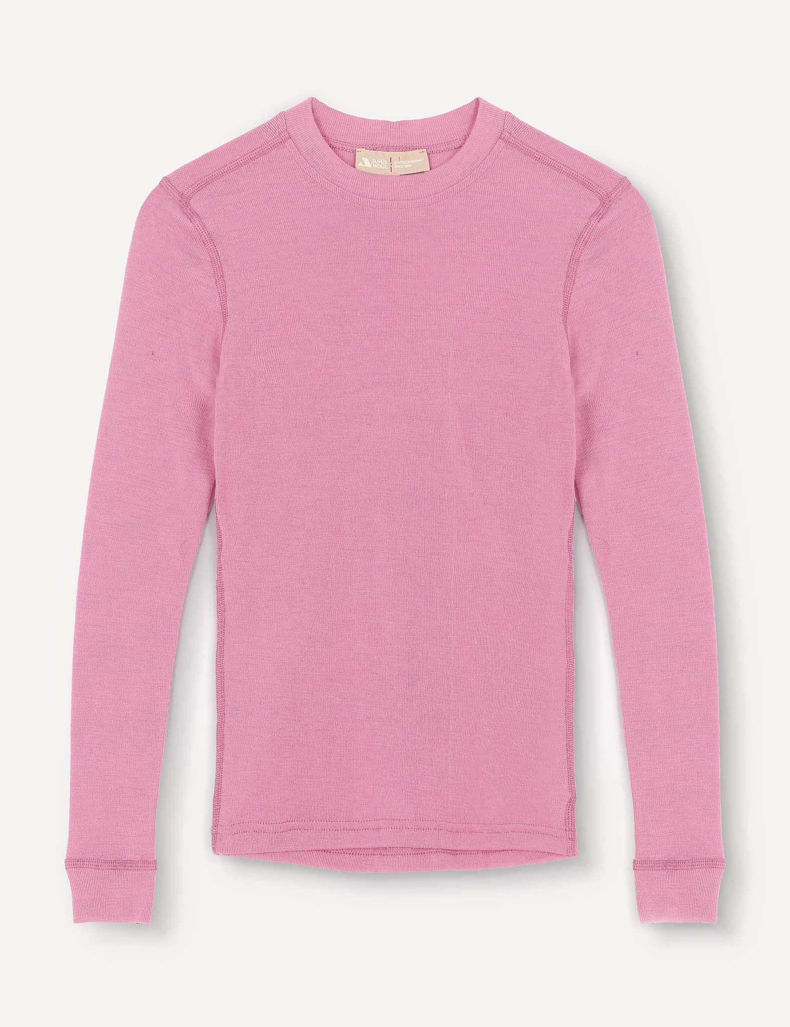 A long-sleeve, crew neck shirt in solid Mauve Orchid, crafted from soft ribbed Merino wool jersey, laid flat on a white background. Product name: Crewneck – Merino Kids Classic Rib.