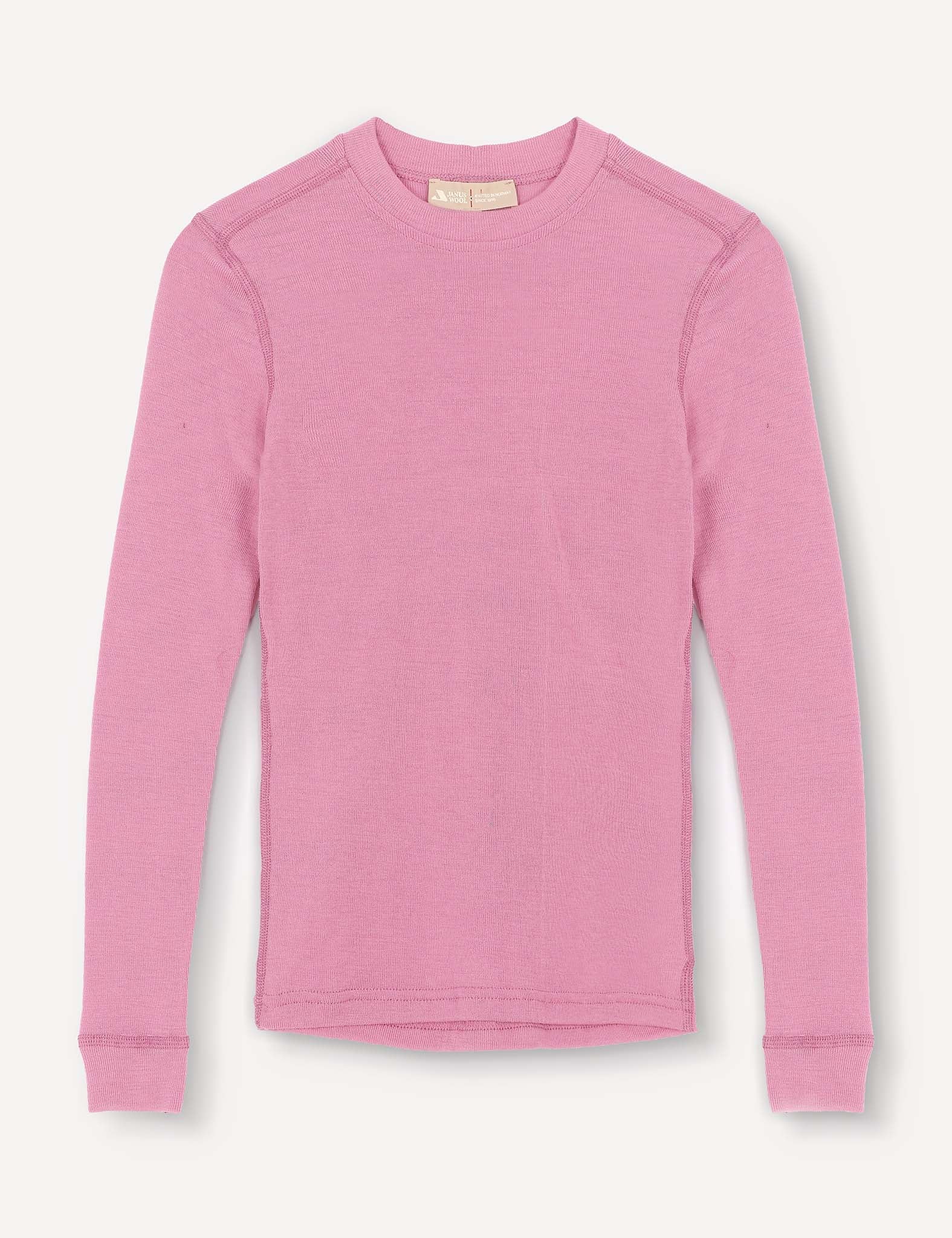 A long-sleeve, crew neck shirt in solid Mauve Orchid, crafted from soft ribbed Merino wool jersey, laid flat on a white background. Product name: Crewneck – Merino Kids Classic Rib.