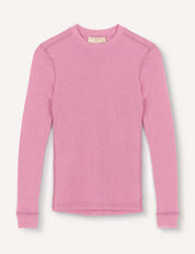 A long-sleeve, crew neck shirt in solid Mauve Orchid, crafted from soft ribbed Merino wool jersey, laid flat on a white background. Product name: Crewneck – Merino Kids Classic Rib.