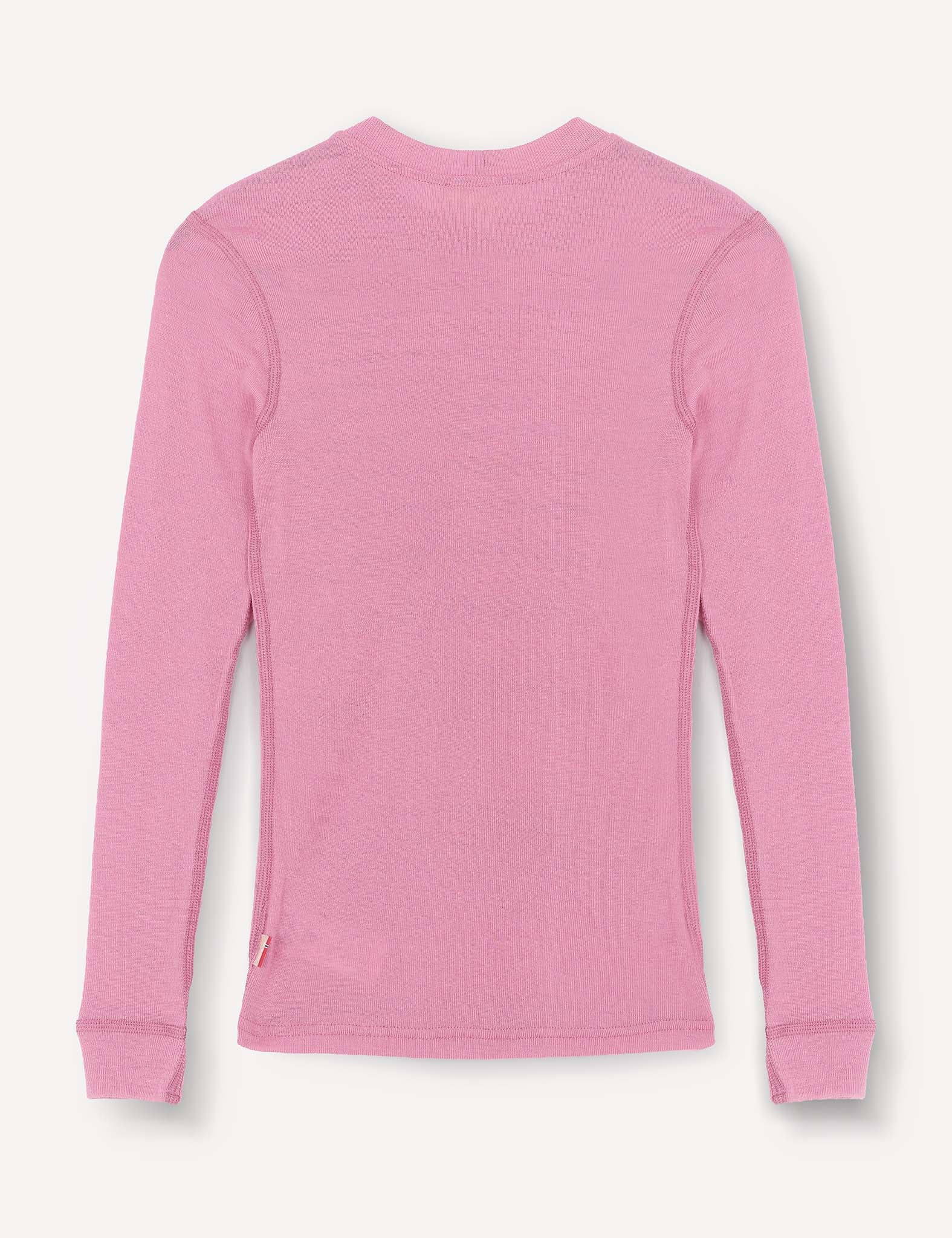 A long-sleeve, light pink Crewneck – Merino Kids Classic Rib is laid flat, displayed from the back with simple stitching and a crew neckline, crafted from soft ribbed merino wool jersey for added comfort.
