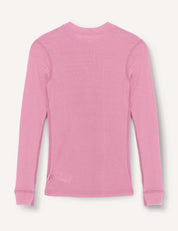 A long-sleeve, light pink Crewneck – Merino Kids Classic Rib is laid flat, displayed from the back with simple stitching and a crew neckline, crafted from soft ribbed merino wool jersey for added comfort.