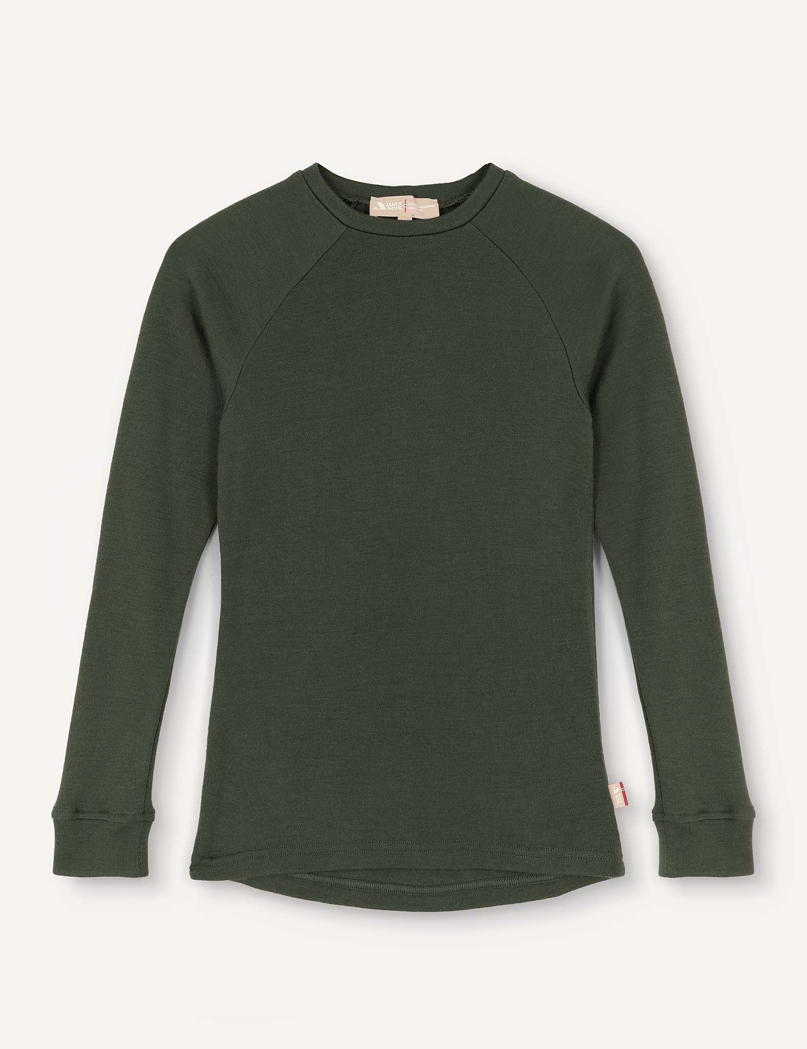A Crewneck – Merino Kids AirWool in Forest Night, featuring long raglan sleeves and ribbed cuffs, made from soft merino wool and laid flat on a plain light background.