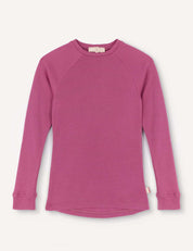 A long-sleeve, crewneck jersey shirt in solid Hawthorn Rose, crafted from AirWool 260 merino wool with ribbed cuffs, laid flat on a light background.