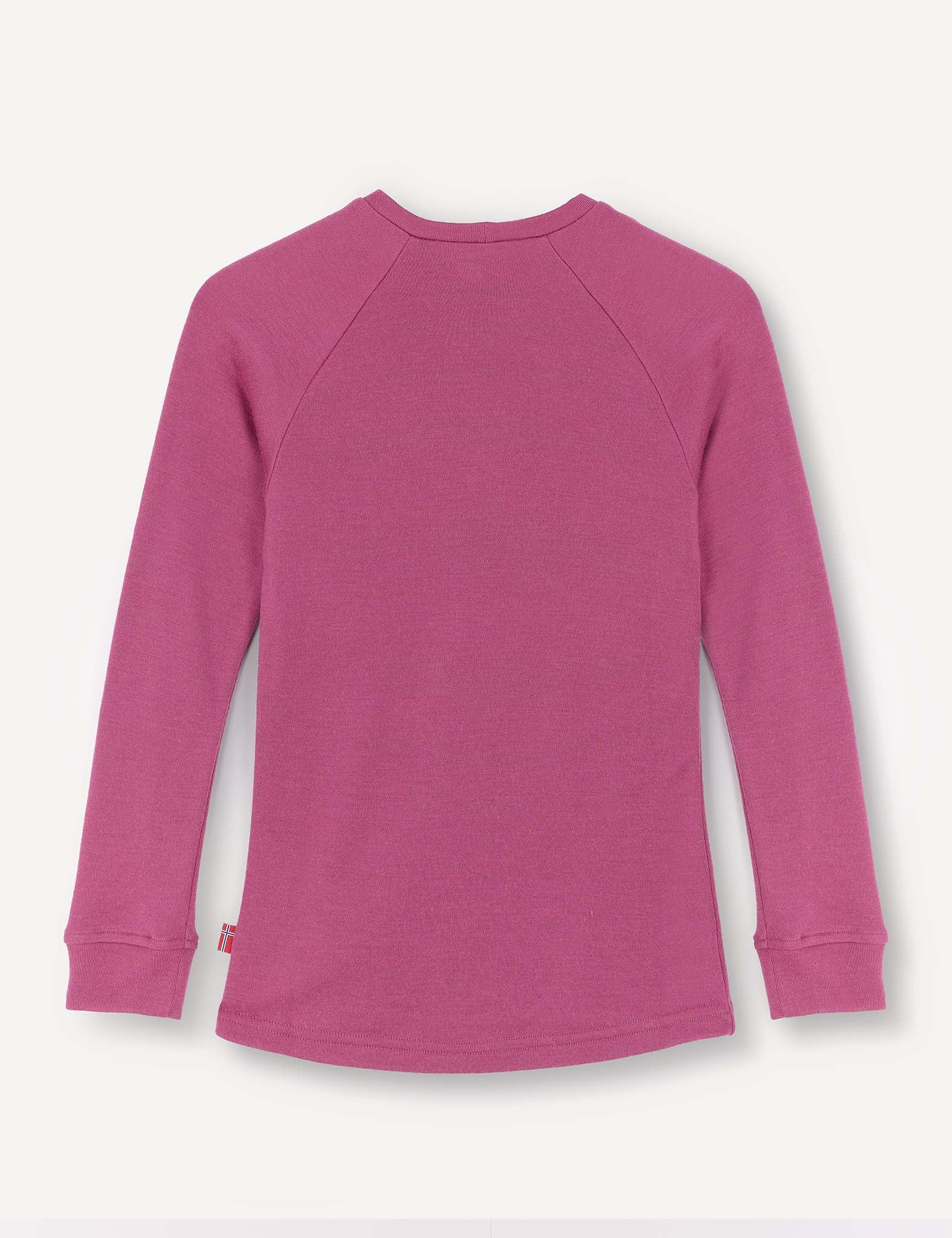 A long-sleeve Crewneck – Merino Kids AirWool jersey in solid pink, crafted from AirWool 260 merino wool, shown from the back against a white background.