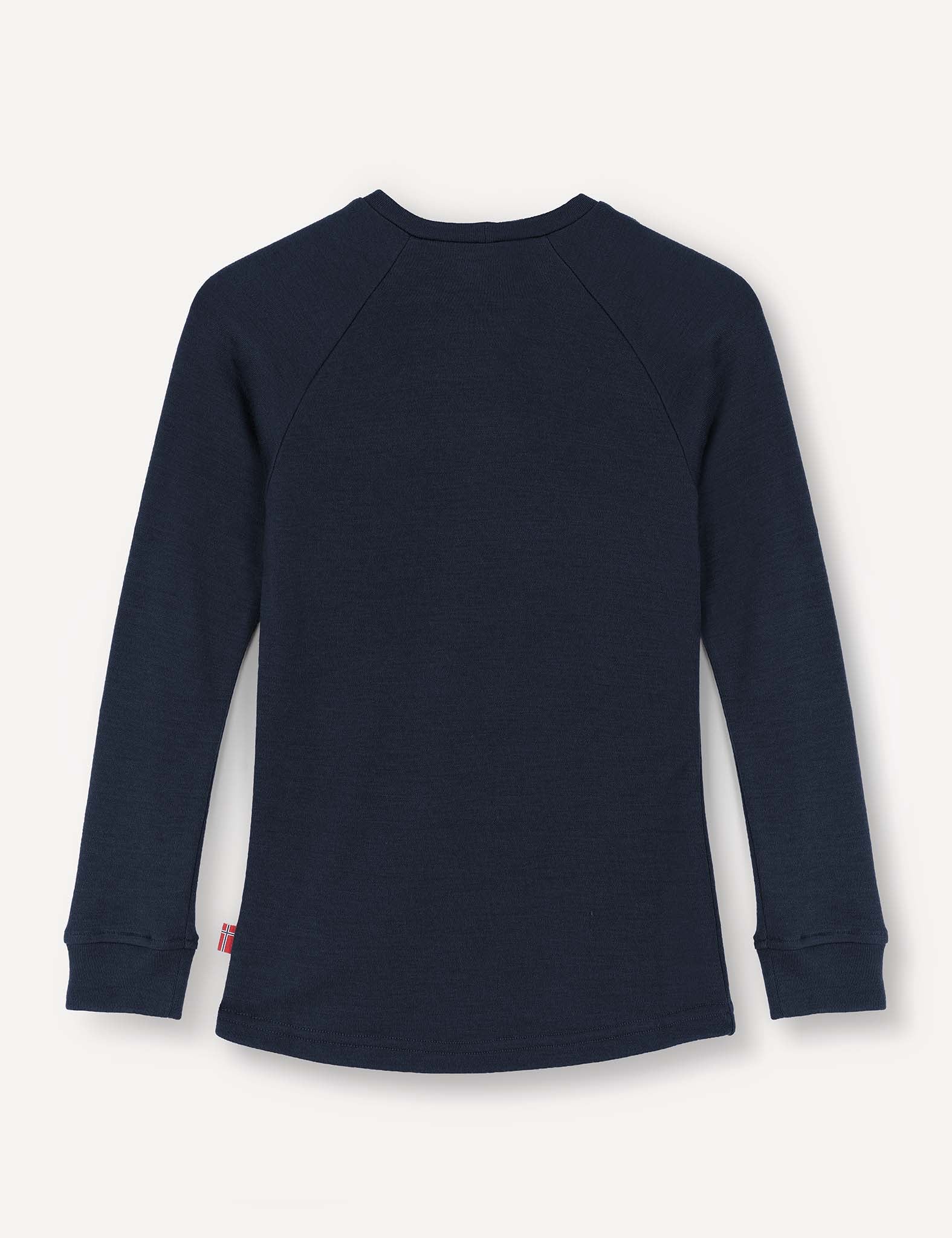 A long-sleeve, navy blue Crewneck – Merino Kids AirWool jersey shirt shown from the back, laid flat on a white background. The shirt features a simple design with no visible logos, patterns, or fasteners.